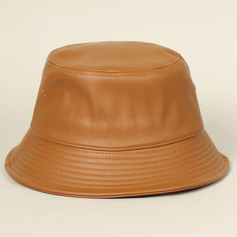 Plain Colored PU Leather Warm Bucket Hat