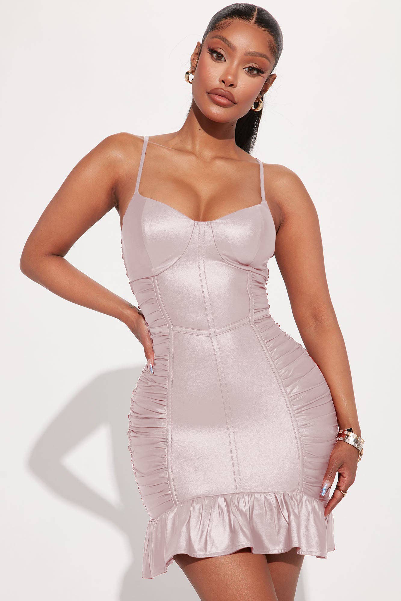 FAUX LEATHER  RUCHED MINI DRESS