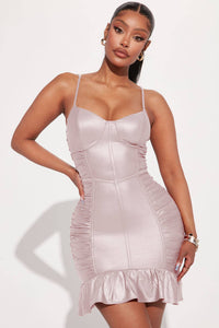 FAUX LEATHER  RUCHED MINI DRESS