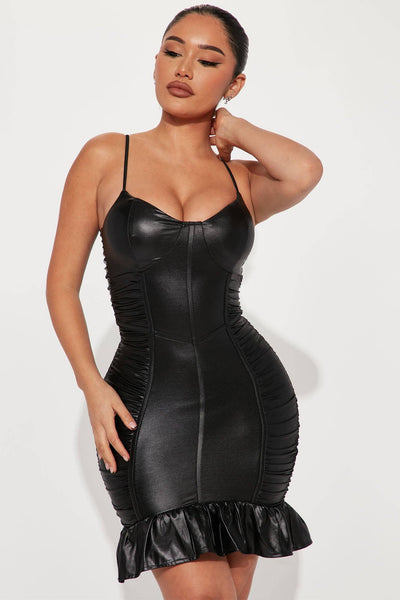 FAUX LEATHER  RUCHED MINI DRESS