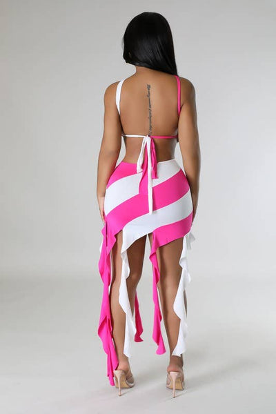 Color Block Asymmetrical Hem Skirt Set: Fuchsia