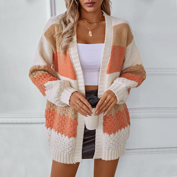 Contrast Cardigan Loose Lantern Sleeve Sweater