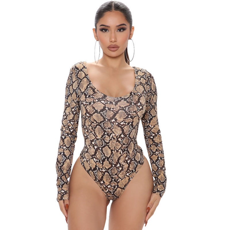 Curvy Leopard Print Fashion Sexy Long Sleeve Jumpsuit