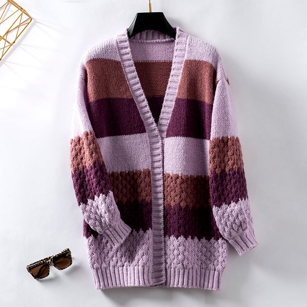 Contrast Cardigan Loose Lantern Sleeve Sweater