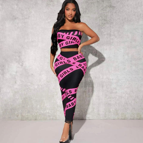 Sexy Sleeveless Letter Graphic Print Tube Top Long Skirt Set