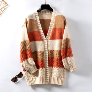 Contrast Cardigan Loose Lantern Sleeve Sweater