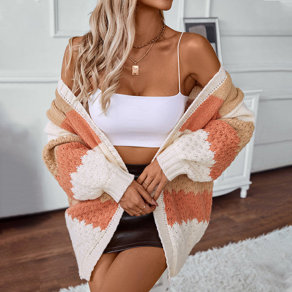 Contrast Cardigan Loose Lantern Sleeve Sweater