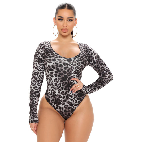 Curvy Leopard Print Fashion Sexy Long Sleeve Jumpsuit