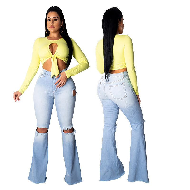 Sexy Fashion All-Match Knee Hole Stretch Tight Denim Bell-Bottom Pants Plus Size 2021.