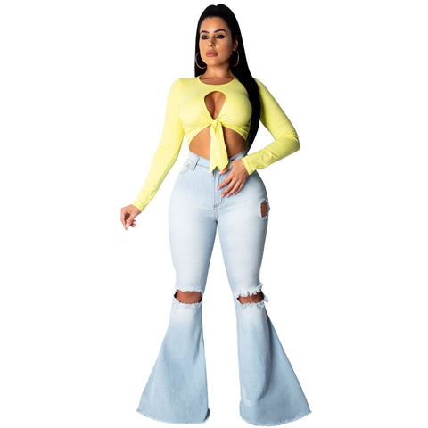 Sexy Fashion All-Match Knee Hole Stretch Tight Denim Bell-Bottom Pants Plus Size 2021.