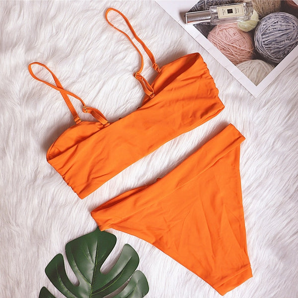 Sexy Swimsuit Metal Accessories Hollow Bikini Pure Color Tube-Top High Waist Women   Swimwear.