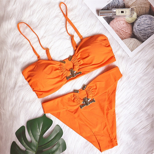 Sexy Swimsuit Metal Accessories Hollow Bikini Pure Color Tube-Top High Waist Women   Swimwear.