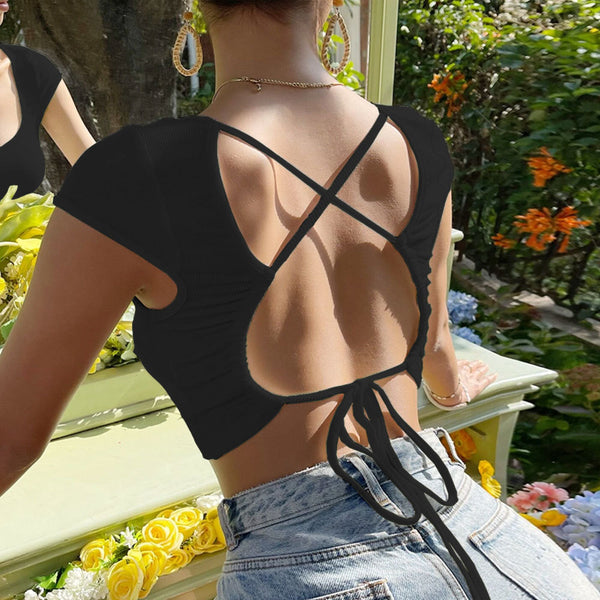 Stylish Backless Super Short Sexy Short Sleeve Crop Top