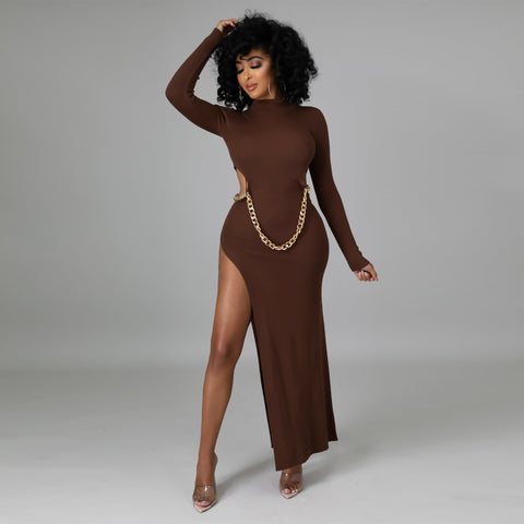 Women Clothing Autumn and Winter New Temperament Commute Sexy Turtleneck Long Sleeve Tight High Slit Dress for Women.