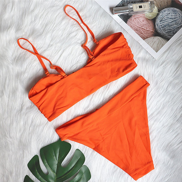 Sexy Swimsuit Metal Accessories Hollow Bikini Pure Color Tube-Top High Waist Women   Swimwear