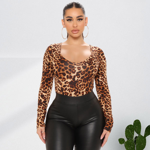 Curvy Leopard Print Fashion Sexy Long Sleeve Jumpsuit