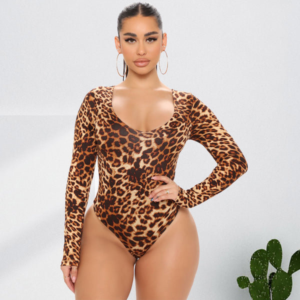 Curvy Leopard Print Fashion Sexy Long Sleeve Jumpsuit