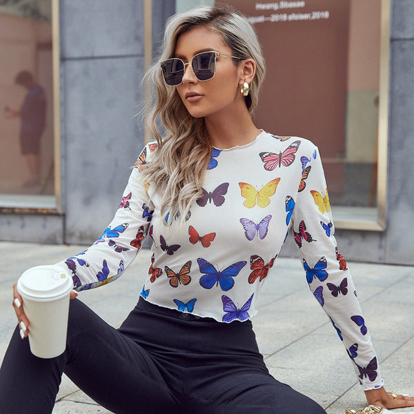 Butterfly Printed Long Sleeve Women T-shirt.