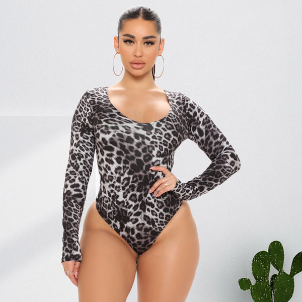 Curvy Leopard Print Fashion Sexy Long Sleeve Jumpsuit