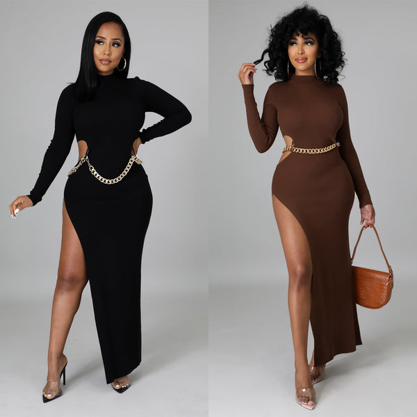 Women Clothing Autumn and Winter New Temperament Commute Sexy Turtleneck Long Sleeve Tight High Slit Dress for Women.