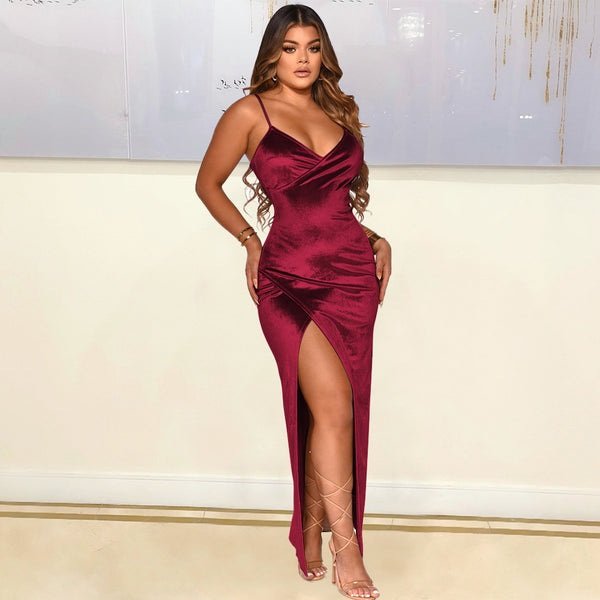 Sexy Velvet Irregular Long Dress.