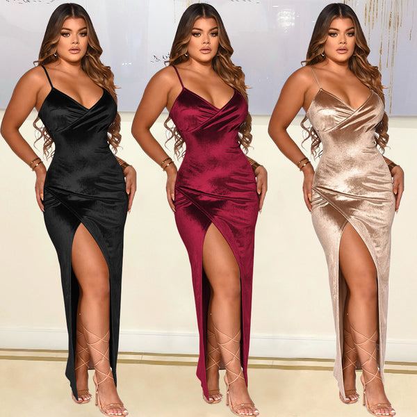 Sexy Velvet Irregular Long Dress.